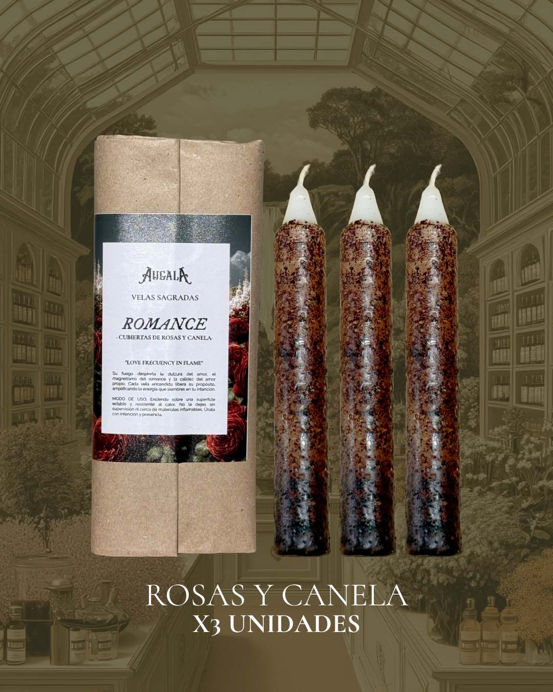 VELAS SAGRADAS DE ROMANCE CUBIERTAS DE ROSAS ROJAS Y CANELA PARA INTENCIONAR