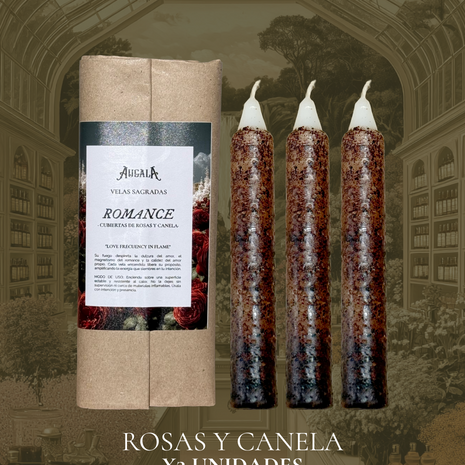 VELAS SAGRADAS DE ROMANCE CUBIERTAS DE ROSAS ROJAS Y CANELA PARA INTENCIONAR