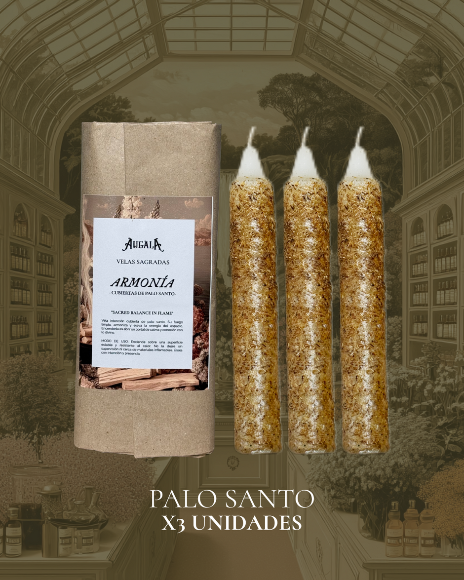 VELAS SAGRADAS DE ARMONÍA CUBIERTAS DE PALO SANTO PARA INTENCIONAR